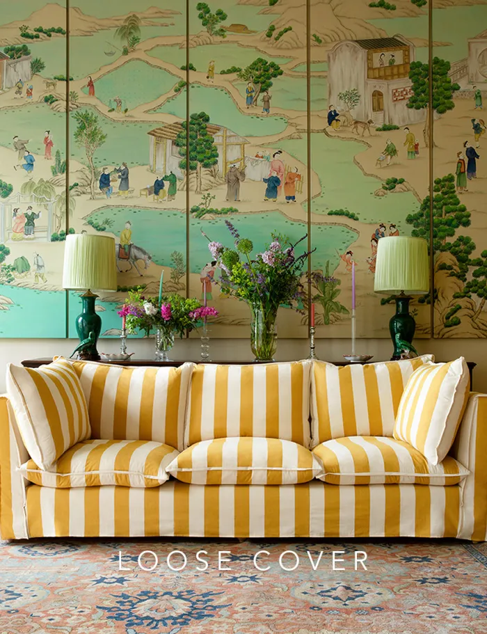 Coco 3.5 seater sofa cover with Self Piped Knife Edge cushion in Stripes Dandelion - Hand Made in USA