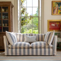 Coco 3 seater sofa cover with Self Piped Knife Edge cushion in Stripes Garden Grey - Hand Made in USA