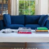 Coco 2.5 seater sofa cover with Self Piped Box Edge cushion in Designers Guild Brera Lino Indigo - Hand Made in USA