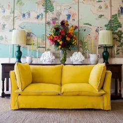 Coco 2.5 seater sofa with Contrast Welt Knife Edge cushion in Designers Guild Brera Lino Ochre - Hand Made in USA