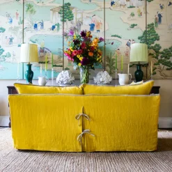 Coco 2.5 seater sofa with Contrast Welt Knife Edge cushion in Designers Guild Brera Lino Ochre - Hand Made in USA