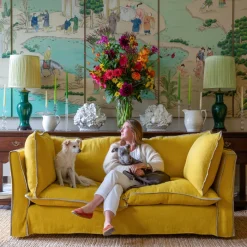 Coco 2.5 seater sofa with Contrast Welt Knife Edge cushion in Designers Guild Brera Lino Ochre - Hand Made in USA