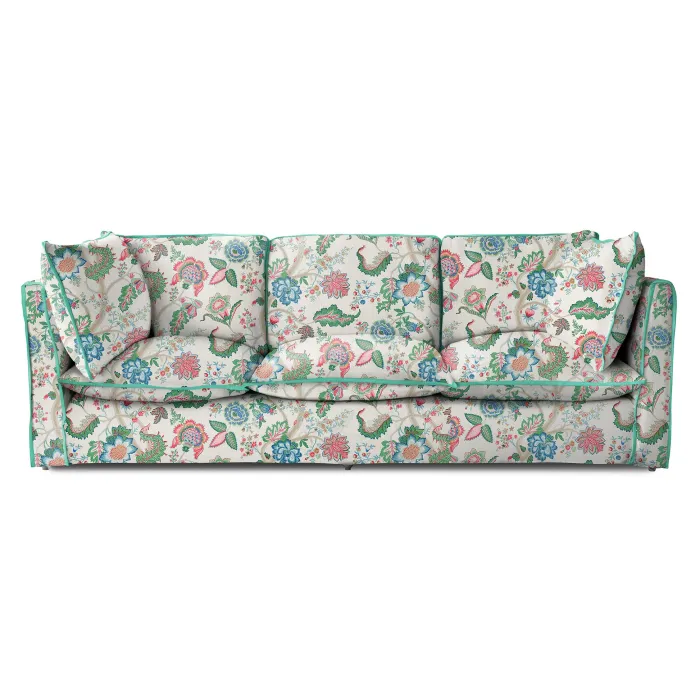 Coco 4 seater sofa with Knife Edge cushion in Kitty Spring Green with Velvet Trim - Hand Made in USA