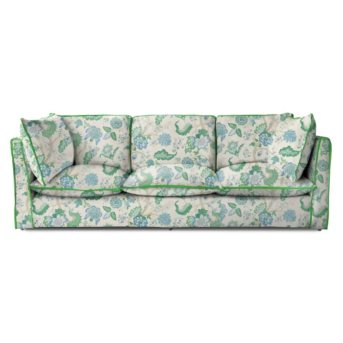 Coco 4 seater sofa with Knife Edge cushion in Kitty Blue Green with Velvet Trim - Hand Made in USA