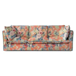 Coco 4 seater sofa with Knife Edge cushion in English Garden Coral Orange with Velvet Trim - Hand Made in USA