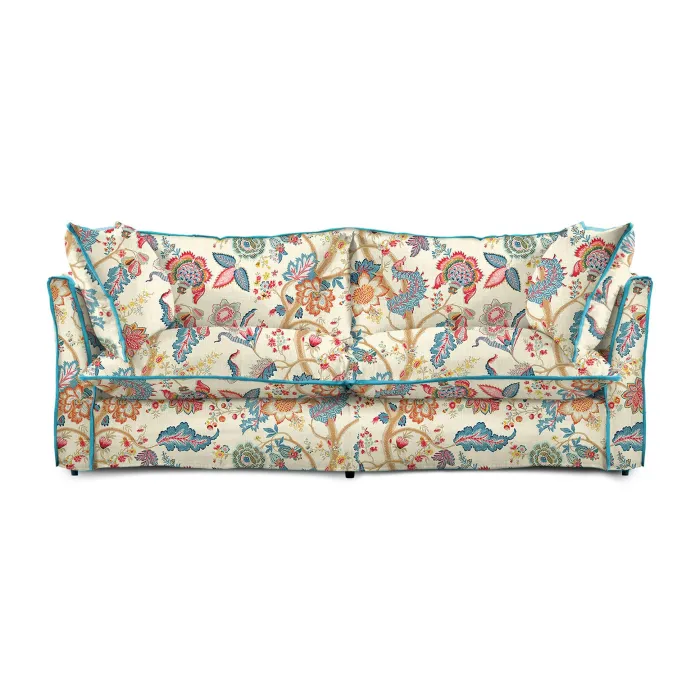 Coco 2.5 seater sofa with Knife Edge cushion in Kitty Indian Summer with Velvet Trim - Hand Made in USA