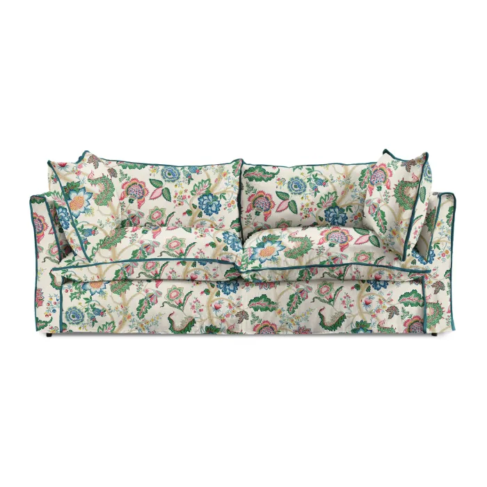 Coco 2.5 seater sofa with Knife Edge cushion in Kitty Spring Green with Lagoon Velvet Trim - Hand Made in USA
