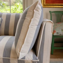 Coco 2.5 seater sofa with Self Piped Knife Edge cushion in Stripes Garden Grey - Hand Made in USA