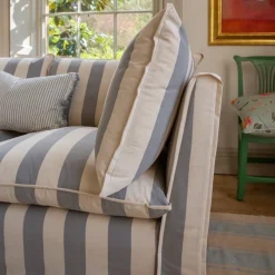 Coco 2.5 seater sofa with Self Piped Knife Edge cushion in Stripes Garden Grey - Hand Made in USA