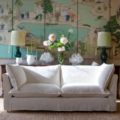Coco 2.5 seater sofa with Self Piped Knife Edge cushion in Designers Guild Brera Lino Chalk - Hand Made in USA