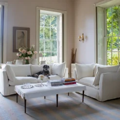 Coco 2.5 seater sofa with Self Piped Knife Edge cushion in Designers Guild Brera Lino Chalk - Hand Made in USA