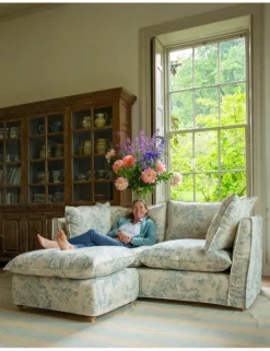 Coco 2.5 seater sofa with Self Piped Knife Edge cushion in Andrew Martin Midsummer Faded Blue - Hand Made in USA