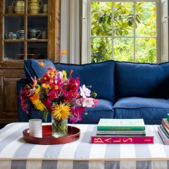 Coco 2.5 seater sofa with Self Piped Box Edge cushion in Designers Guild Brera Lino Indigo - Hand Made in USA