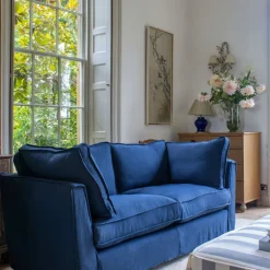 Coco 2.5 seater sofa with Self Piped Box Edge cushion in Designers Guild Brera Lino Indigo - Hand Made in USA