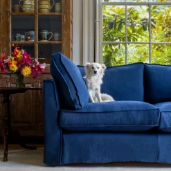 Coco 2.5 seater sofa with Self Piped Box Edge cushion in Designers Guild Brera Lino Indigo - Hand Made in USA