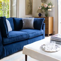 Coco 2.5 seater sofa with Self Piped Box Edge cushion in Designers Guild Brera Lino Indigo - Hand Made in USA