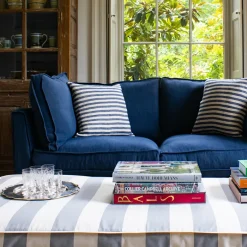 Coco 2.5 seater sofa with Self Piped Box Edge cushion in Designers Guild Brera Lino Indigo - Hand Made in USA