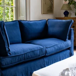 Coco 2.5 seater sofa with Self Piped Box Edge cushion in Designers Guild Brera Lino Indigo - Hand Made in USA