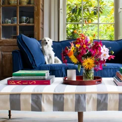Coco 2.5 seater sofa with Self Piped Box Edge cushion in Designers Guild Brera Lino Indigo - Hand Made in USA