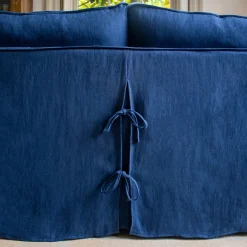 Coco 2.5 seater sofa with Self Piped Box Edge cushion in Designers Guild Brera Lino Indigo - Hand Made in USA