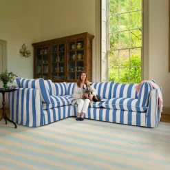 Coco 2 x 3 seater sofa Self Piped Knife Edge cushion in Cornish Blue Stripe - Hand Made in USA