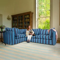 Coco 2 x 3 seater sofa Self Piped Knife Edge cushion in Coastal Blue Stripe - Hand Made in USA
