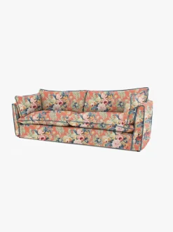 Cocobella 3.5 Seater Sofa in English Garden Coral Orange with Lagoon Velvet Trim - Hand Made in USA