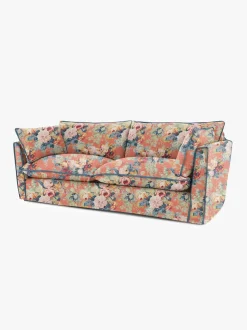 Cocobella 3 Seater Sofa in English Garden Coral Orange with Lagoon Velvet Trim - Hand Made in USA